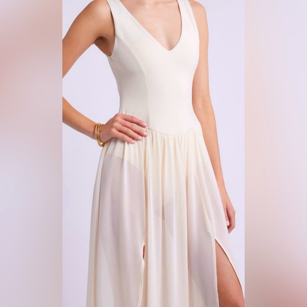 OPEN EDIT Mixed Media Cream Sleeveless Semi- Sheer Bodysuit Dress- Size S - NEW